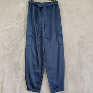 S'edge NEW Small Satin Cargo Pants Taper High Waist Drop Crotch Belted Navy Blue